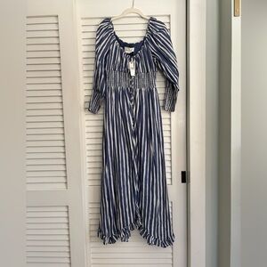 Anthropologie Smocked Waist Blue and White Striped Maxi Dress - Women
